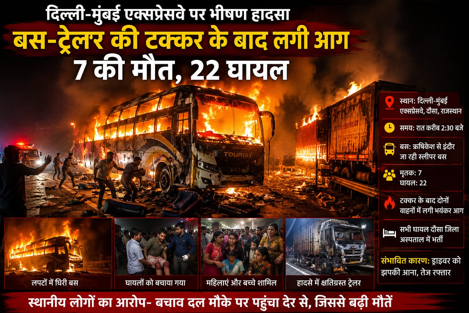 दौसा बस हादसा: दिल्ली-मुंबई एक्सप्रेसवे पर भीषण आग, 7 यात्रियों की मौत, 22 घायल। ऋषिकेश से इंदौर आ रही थी बस।